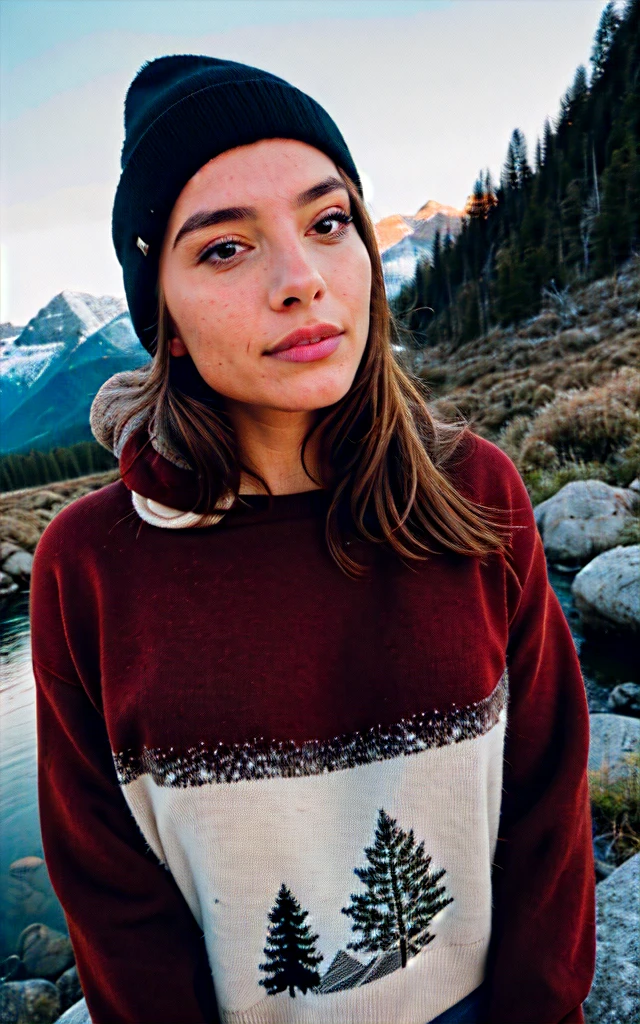 photorealistic, best quality, hyper detailed, beautiful woman, selfie photo, upper body, solo, wearing pullover, outdoors, (night), mountains, real life nature, stars, moon, (cheerful, happy), sleeping bag, gloves, sweater, beanie, flashlight, forest, rocks, river, wood, smoke, fog, clear sky, analog style, looking at viewer, skin texture, film grain, close up, ultra high res, best shadow, RAW, instagram LUT