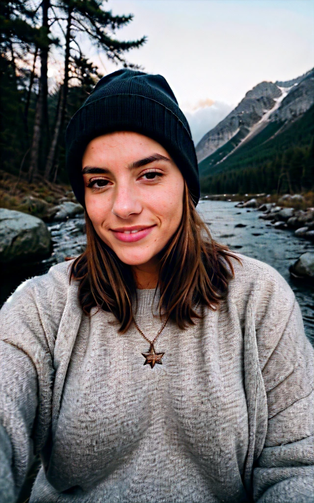 photorealistic, best quality, hyper detailed, beautiful woman, selfie photo, upper body, solo, wearing pullover, outdoors, (night), mountains, real life nature, stars, moon, (cheerful, happy), sleeping bag, gloves, sweater, beanie, flashlight, forest, rocks, river, wood, smoke, fog, clear sky, analog style, looking at viewer, skin texture, film grain, close up, ultra high res, best shadow, RAW, instagram LUT
