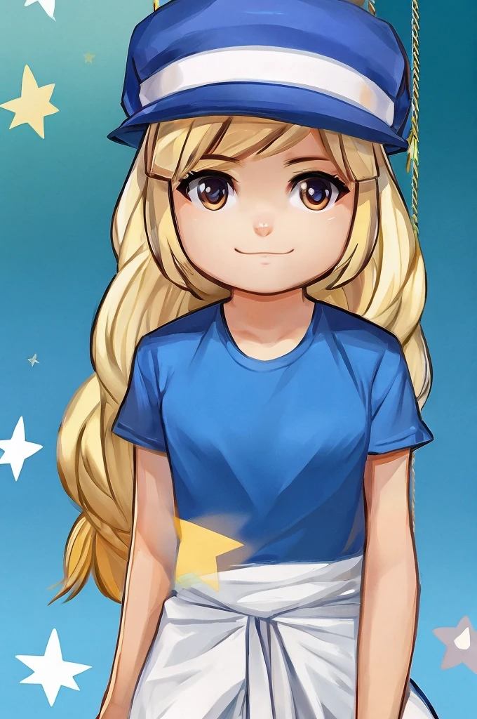 Portrait of a blonde girl wearing a blue hat and blue shirt