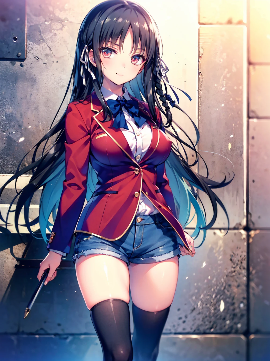 (8K, Highest quality, Highest quality, masterpiece), aasuzune, long hair, black hair, (single braid:1.2), hair ribbon, red jacket, blazer, blue bowtie, long sleeves, black thighhighs, smile, denim hot shorts, mini shorts, big breasts