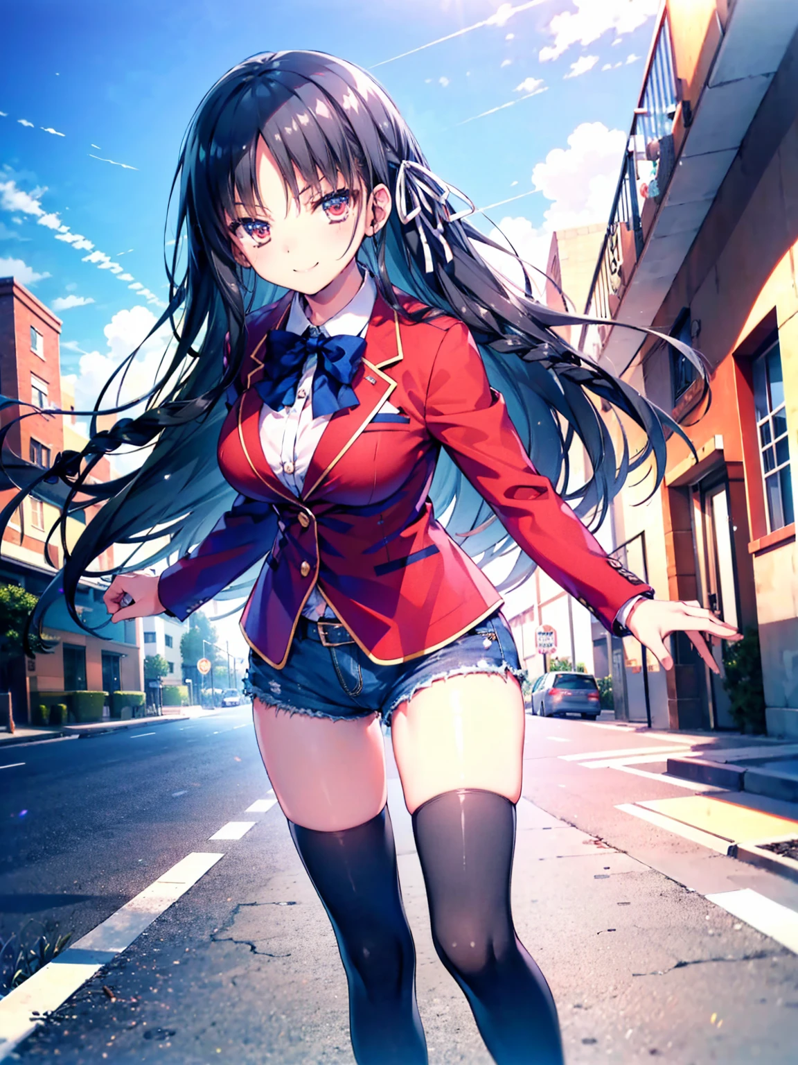 (8K, Highest quality, Highest quality, masterpiece), aasuzune, long hair, black hair, (single braid:1.2), hair ribbon, red jacket, blazer, blue bowtie, long sleeves, black thighhighs, smile, denim hot shorts, mini shorts, big breasts