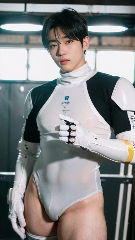 (masutepiece,High resolution,ultra - detailed:1.0),1(Boy,Robot Boy),Perfect male body,Look at the camera,Delicate eyes and delicate face,extremely details CG,Unity 8k wallpaper,intricate-detail,solo person,Detailed face, (Futuristic super tight spandex white bodysuit), Best Quality, hands visible, (White Gloves), short hair:1.5 , full length shot(fls) , big thighs , insane details, hyper details   ,16k resolution , ultra-high clarity , hyperrealism, uhd,(K-pop idol ),   thick thighs, male , ((unrealistic wide hips , unrealistic wide pelvis )), ((only boy ,  only male))   , ((ultra realism , ultra photorealism)) , (sexy , eroticism , nsfw)
