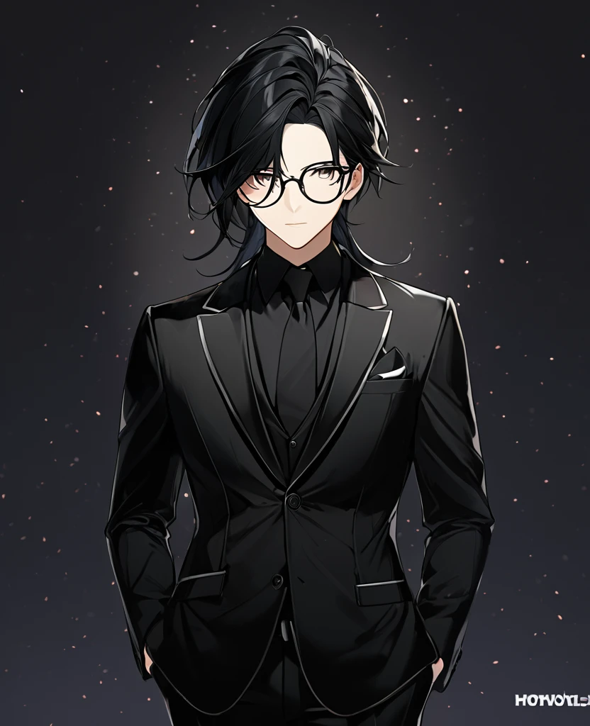  (black_hair), (black_eyes), (detailed_eyes), (attractive), (emotionless), (void_Space_background), (male), (wearing _a_black_suit), (long_male_hair), (detailed_Hair), (detailed), (detailed_mouth), (wears_glasses).