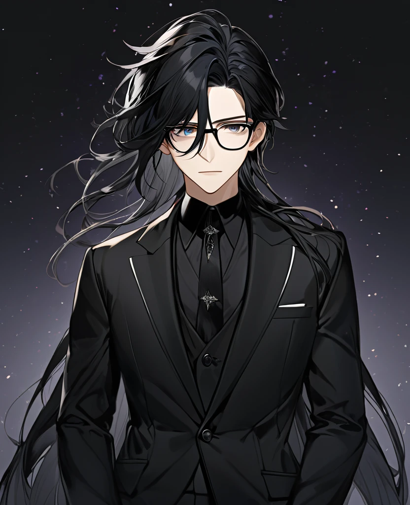  (black_hair), (black_eyes), (detailed_eyes), (attractive), (emotionless), (void_Space_background), (male), (wearing _a_black_suit), (long_male_hair), (detailed_Hair), (detailed), (detailed_mouth), (wears_glasses).