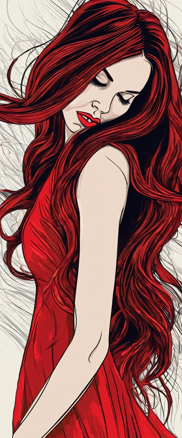 a woman with long hair and a red dress is holding her head, vector art by André Castro, trending on behance, digital art, #illustration, illustration style, in a kimono, illustration art, a beautiful artwork illustration, digital art illustration, flat illustration, in kimono, fabulous illustrations, in style of digital illustration, colorfull illustration, art illustration