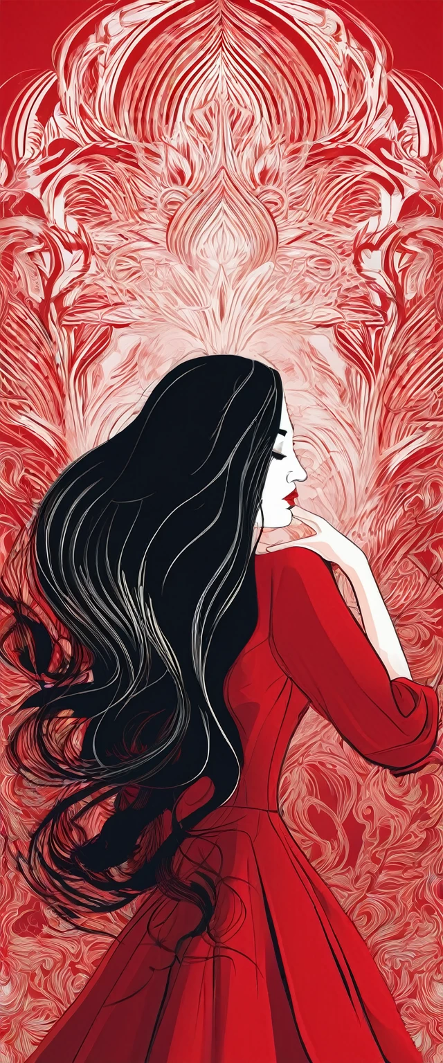 a woman with long hair and a red dress is holding her head, vector art by André Castro, trending on behance, digital art, #illustration, illustration style, in a kimono, illustration art, a beautiful artwork illustration, digital art illustration, flat illustration, in kimono, fabulous illustrations, in style of digital illustration, colorfull illustration, art illustration