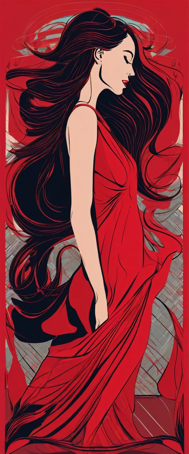 a woman with long hair and a red dress is holding her head, vector art by André Castro, trending on behance, digital art, #illustration, illustration style, in a kimono, illustration art, a beautiful artwork illustration, digital art illustration, flat illustration, in kimono, fabulous illustrations, in style of digital illustration, colorfull illustration, art illustration