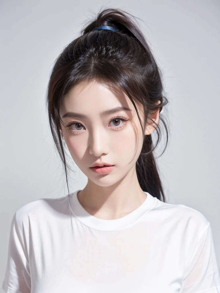 masterpiece,Best picture quality,Extreme details,Ultra-high resolution,Ultra-high definition,Beautiful young people,Glowing skin,thin,Black Hair,Short Ponytail,1,big eyes,beautiful eyes,Lipstick,Exquisite facial features,bust,Looking at the viewer, t-shirt,Single tone background,White background,Soft light