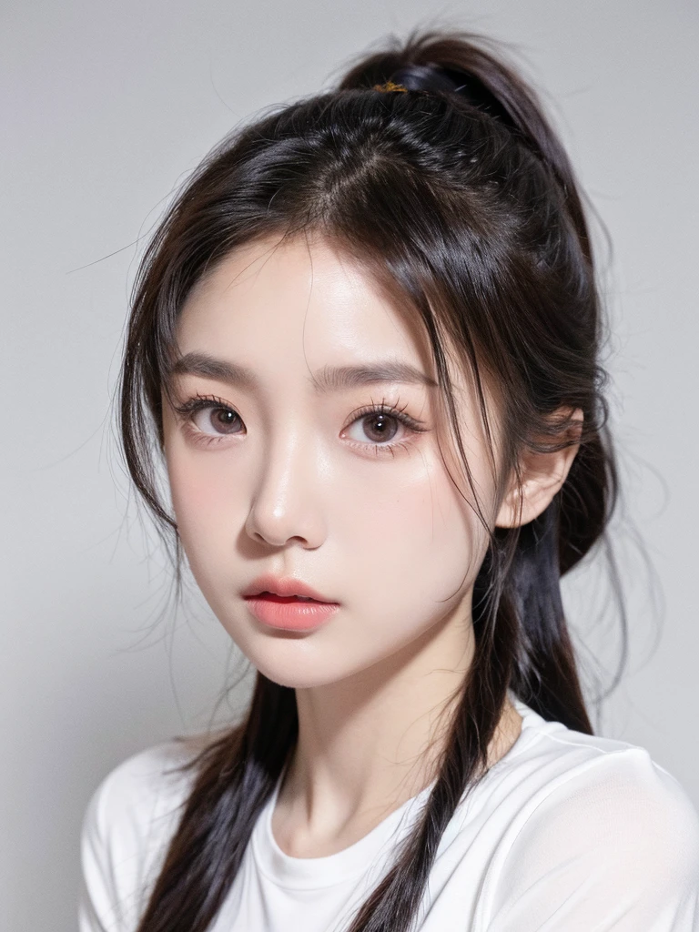 masterpiece,Best picture quality,Extreme details,Ultra-high resolution,Ultra-high definition,Beautiful young people,Glowing skin,thin,Black Hair,Short Ponytail,1,big eyes,beautiful eyes,Lipstick,Exquisite facial features,bust,Looking at the viewer, t-shirt,Single tone background,White background,Soft light
