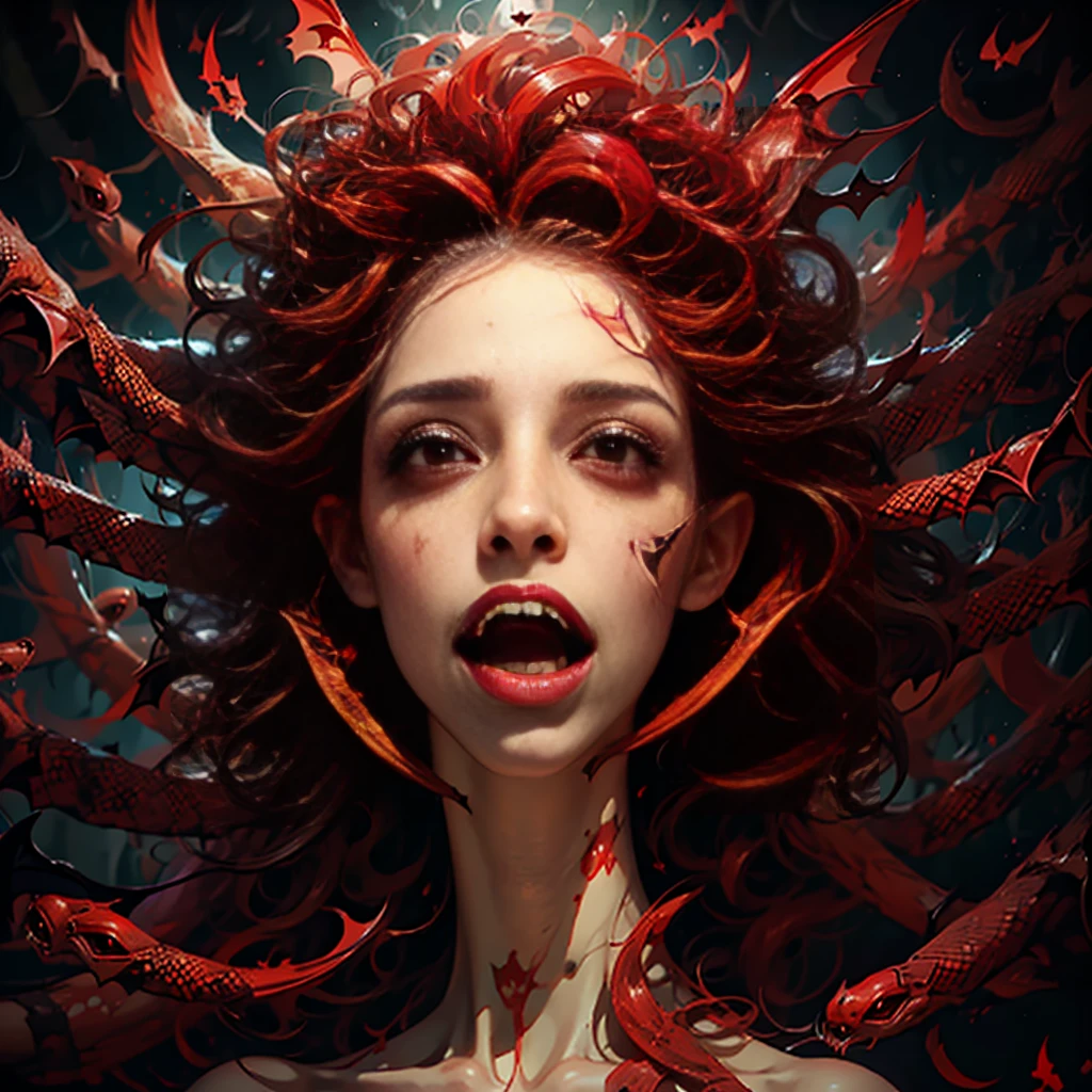 Full Body Portrait:1.0、the red queen_Cthulhu Mythos、((Hair is made of countless red snakes:1.9_Big bat wings_Big fangs_Beautiful young woman:1.9))、Red sheer dress、Surreal、grotesque、eldritch horror、cosmic horror、Dark fantasy、Dramatic lighting、Cinematic、Dark and gloomy atmosphere、Exquisite detail、超Realistic、Dark colors、Calm Tones、Dramatic Shadows、Dramatic look、Intense gaze、Beautiful and sophisticated eyes、Beautiful and exquisite lips、Very detailed face and features、Flowing Hair、Glamorous crown、Exquisite Jewelry、Flowing Dress、dark mysterious background、(Highest quality、4K、8K、High resolution、masterpiece:1.2)、Super detailed、(Realistic、Realistic、Realistic:1.37)、 EdobHorrorLandscape、
