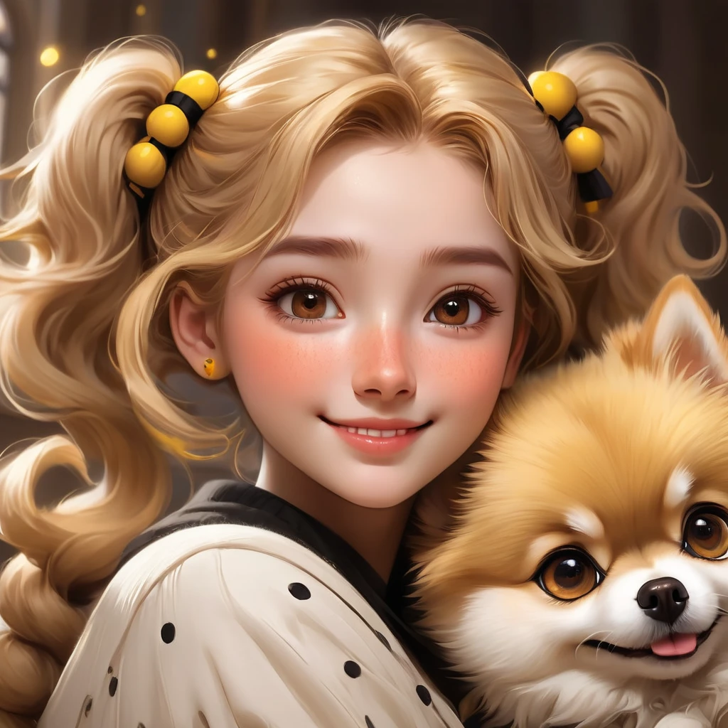 best quality, Masterpiece, Hogwarts students, Hufflepuff, Short hair with high twin tails, Short hair with golden blonde twin tails.,Beautiful  sleeps,Along with her adorable Pomeranian puppy., cute and bright,smile, Freckles on the face, brown eyes details, detailed face, Beautiful skin, soft light, soft shadow, Fine texture, dynamic light,