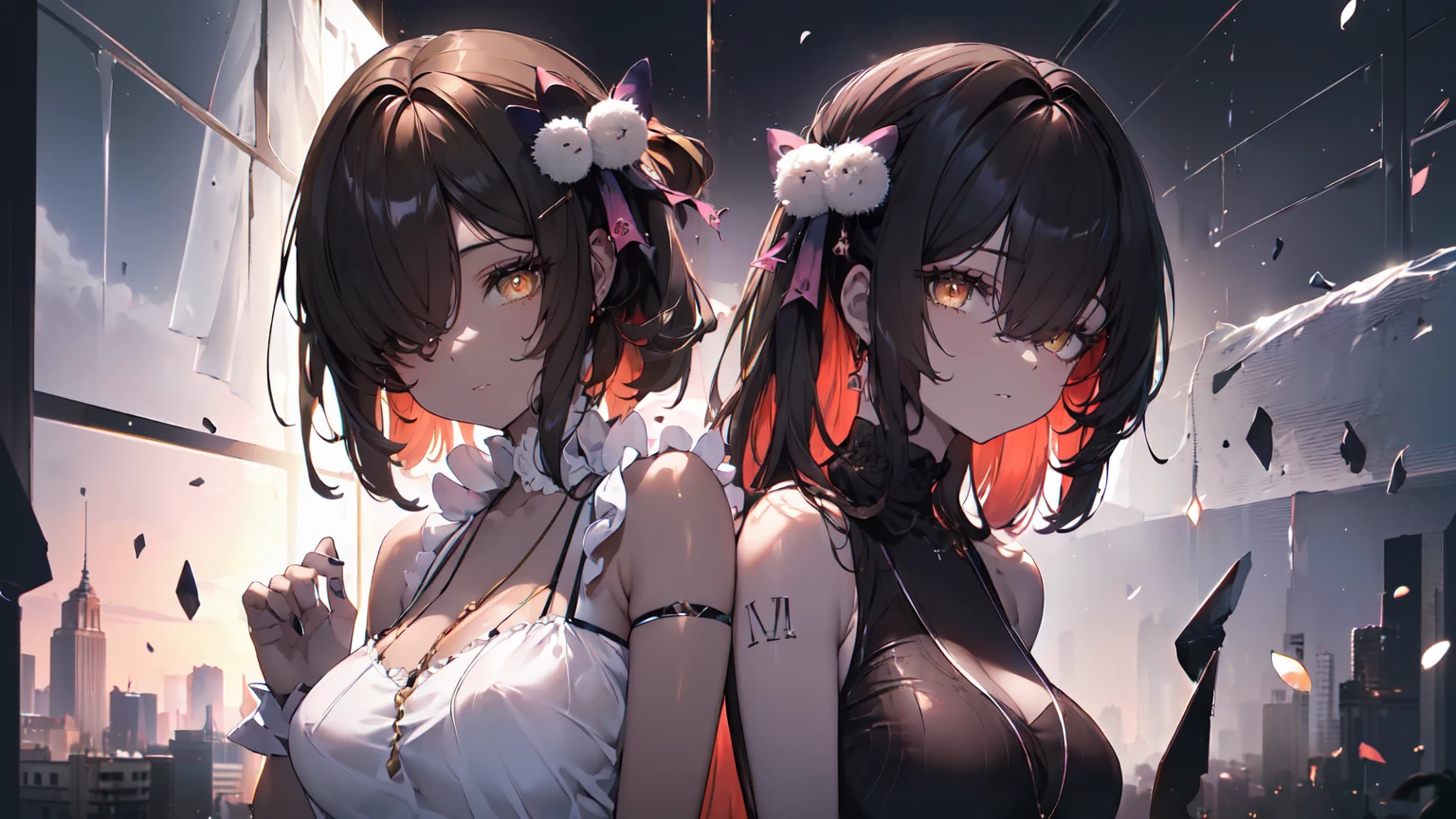 ((((Obra maestra, La mejor calidad, ultrahigh resolution)))), 1girl, standing,), ((long pure brown hair, hair over eye)), long hair cut, shiny skin, ((golden eyes)), glowing_eyes, neon eyes, (ultra detailed eyes:0.7, beautiful and detailed face, detailed eyes:0.9), ((centered)), smirk, facing viewer, ((vibrant background, dark lighting, summer, sunlight)), large chested, looking at viewer, ((half closed eyes)), ((perfect hands)), (((head:1, arms, hips in view, elbows, in view))), ((hands behind back)), empty eyes, beautiful lighting, ((outside, outdoors)), defined subject, head tilt, (((gritty)), ((creepy)), ((cool)), ((beautiful)), (((SFW))), hair ornament, petals in the air, moon in the sky, city, mature woman, adult woman, sfw, pink and white dress, night dress, she is a princess,