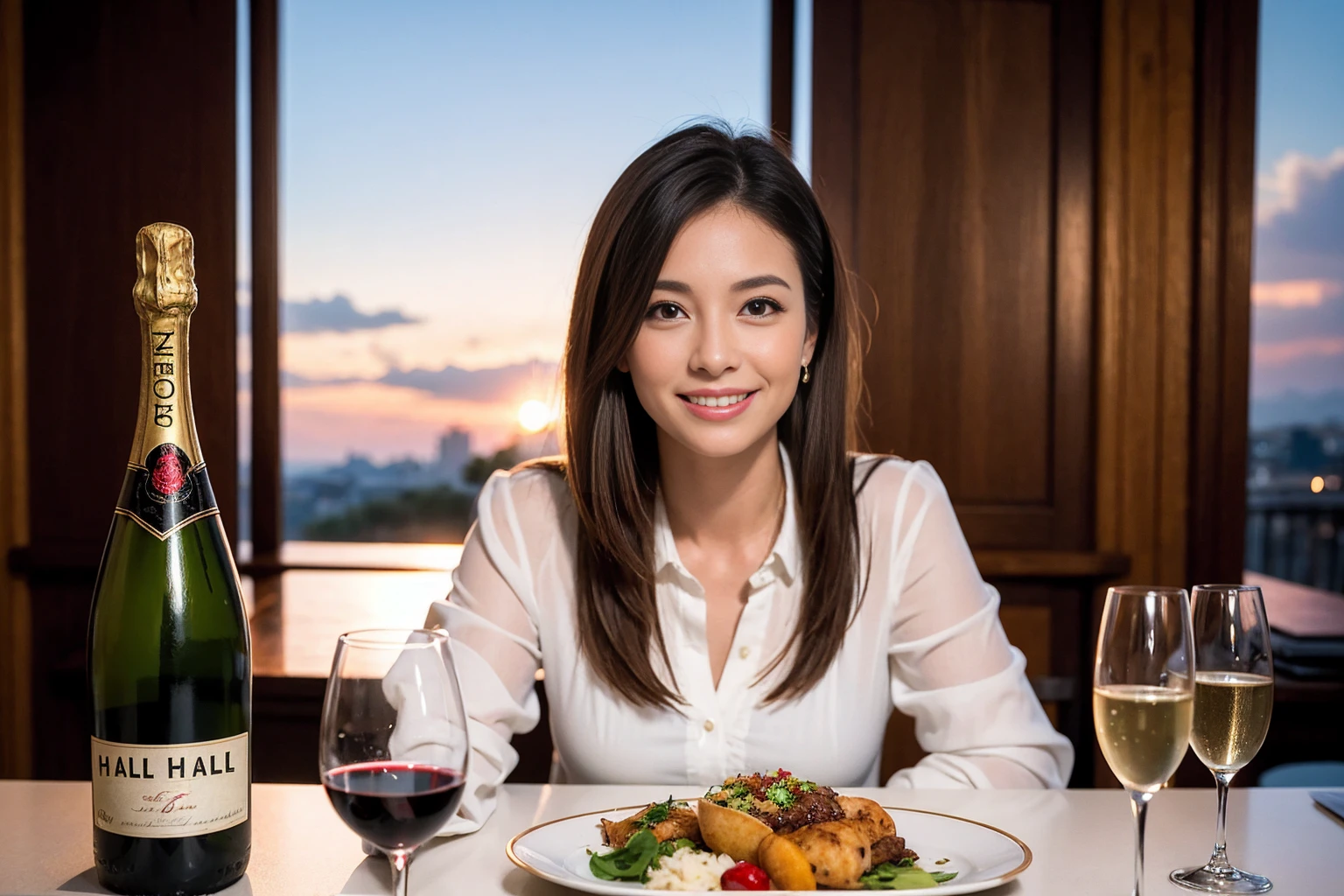 ((Highest quality、、masterpiece:1.3))、1 male、1 female、spouse、Beautiful couple、smile、full-course dinner、 (Slim face), (the body is スリム), (Brown Hair), (Shortcuts), ((Bob Hale、Straight hair:1.2)), テーブルの上のwine glass、Shine light on your face、 Amazing view of the sunset sky and clouds、smileの美しさ、Bright image、Blushing, Shortcuts, (43 years old), 39 years old, Appetizers、Italian food、Wine bottle、Champagne、sparkling wine、Long sleeve shirt、dress、Attractive beauty、restaurant, Nova Frog Style, actress, model, Upper Body, White wine, red wine, wine glass,