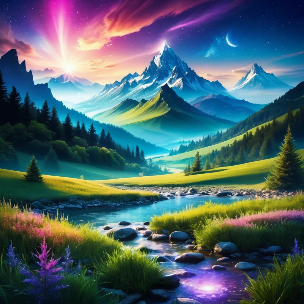 Best quality, masterpiece, Beautiful wild nature fantasy landscape with bright lights