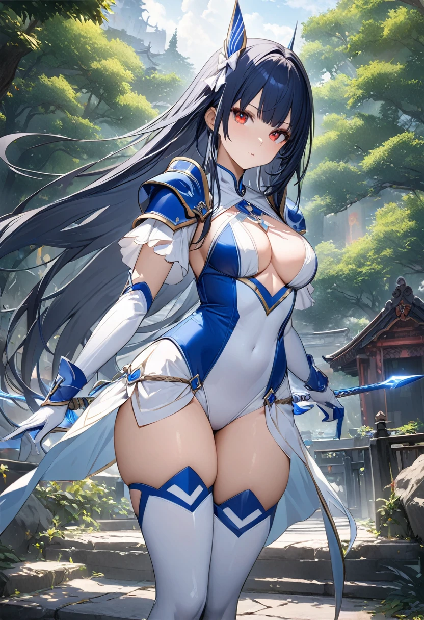 Highest quality、unity 8k wallpaper、32k、masterpiece、Very detailed、Ultra-high resolution、Very detailedな顔, RAW Photos, Professional, Ultra-fine painting, Blue long straight hair、Red Eyes、(Tree Eyes), Cool and sharp features, Hime cut, 20~A female magical warrior, about 24 years old.、Blue and white leotard、White pencil skirt with blue lines、Half puff sleeves with shoulder pads、A large white ribbon with a large sapphire on the chest、White and blue long gloves、White and blue thigh-high stiletto boots、whole body