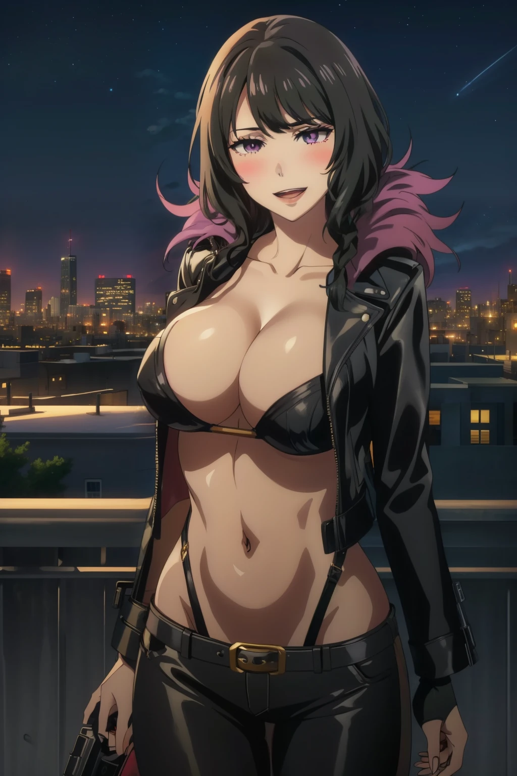 1girl,bangs,purple eyes,braid,mature female,makeup,eyelashes,hair over shoulder,black hair,large breasts, blush, lipstick, fur trim, mature female, gloves, fur-trimmed coat, outdoors, rooftop, cityscape, building, railing, night sky, scenery, city lights, masterpiece, best quality, highly detailed, a girls with a gun, evil smile , open mouth, sexy gaze, badass
pose , evil smile, smile, (nsfw) not safe for work, guns blazing, anime girl with long hair, beautiful long
haired girl, navel, evil expression, exposed belly, exposed navel, exposed midriff, exposed lower belly,
long black pants, crop top, cleavage, unbuttoned leather pants ,open fly, low rise black leather pants,
leather jacket, holding a gun, navel piercing