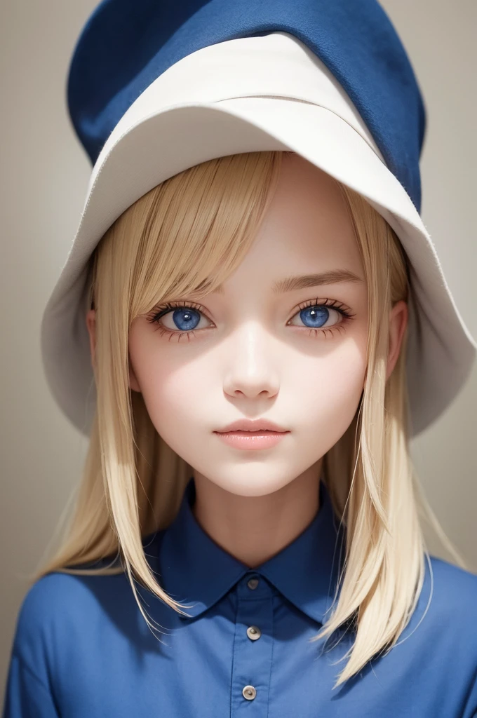 Portrait of a blonde girl wearing a blue hat and blue shirt