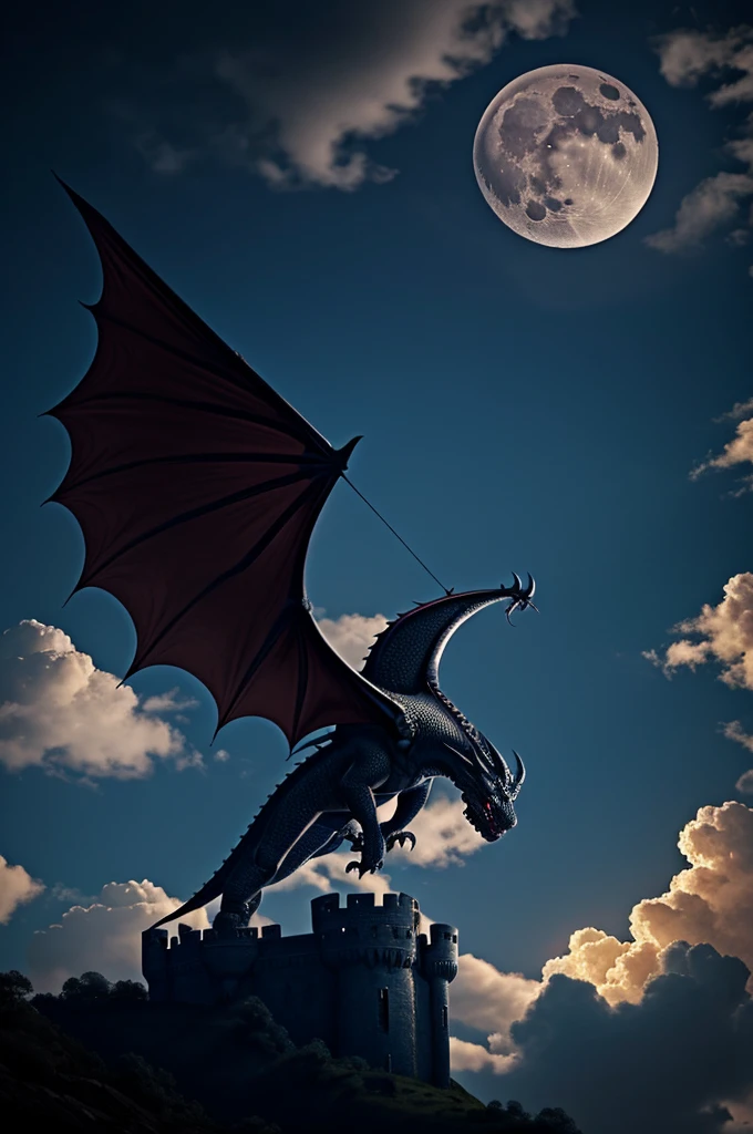 A dragon flying above a mysterious castle, with clouds and the moon in the background.
-Color palette: Shades of dark blue and black for the background, with the dragon in shades of red and gold.