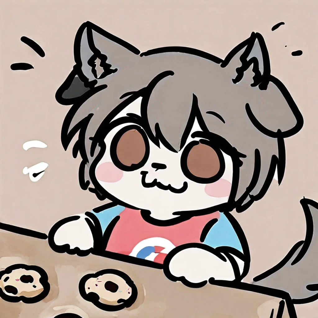 1 Boy, Dog Boy, Flat color style, Solitary, Dog ears, Brown eyes, cookie, Gray hair, eat, have, blush, spark, short hair, Tail, tokin have, :3, wolf Tail, t-shirt, food, Oval eyes, Animal ears, (masterpiece:1.1), (best quality:1.1)