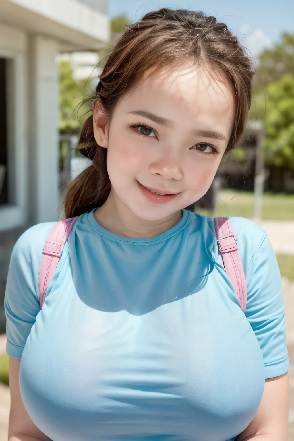 (Upside-Down French Braid Hairstyle), adorable, 1 girl, (face to face), 10 years old, baby face, happy, half body portrait, (face details: 1), (eye details:1), ((big breasts)). wearing transparent transparency long shirt, .. Cute posed. proportional body. Ultra High Res. realistic: 1.4, UHD,