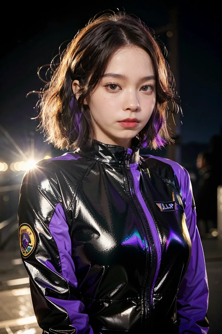 A cute girl with brown skin, sexy body, wavy purple hair [with shades of black], golden eyes (shiny), ultra realistic eyes, with a pistol, jumping, with sniper outfit, Valorant Riot game, round face, realistic lighting, Radiosity, Close UP.