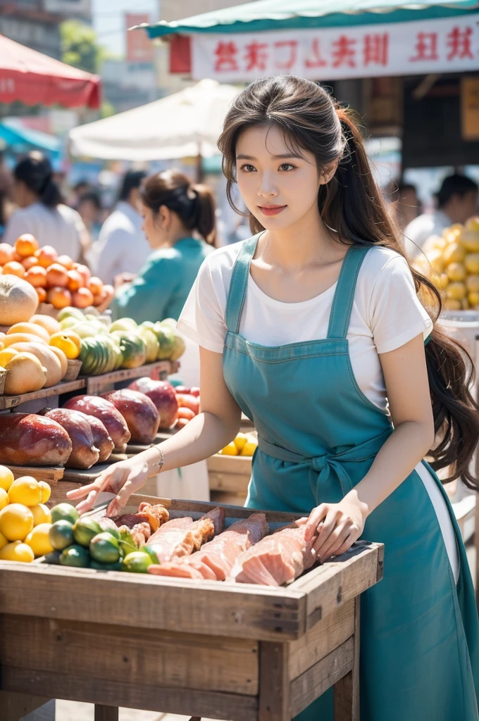 "(((best quality))), (((ultra detailed))), (((masterpiece))), illustration, ((a beautiful young girl in a bustling and crowded morning market during the summer)), (selling pork at her stall:1.3), vibrant market atmosphere, long flowing hair, delicate features, slender figure, simple yet elegant blue dress, white apron with stains, expertly slicing pork, confident demeanor, warm smile, customers attracted, sea of color and activity, vendors shouting prices, customers bargaining, aroma of freshly cooked food, fruits and vegetables displayed in vibrant arrays, dusty streets, heat and crowd, composed, graceful movements, friendly demeanor, hardworking spirit, memorable experience, standing amidst chaos, providing for family
