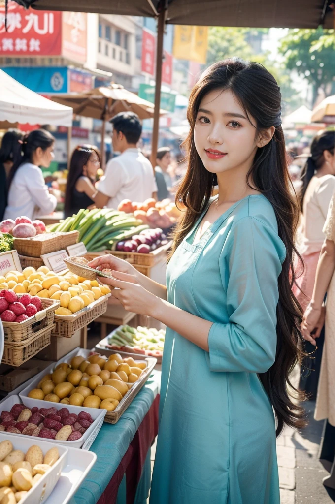 "(((best quality))), (((ultra detailed))), (((masterpiece))), illustration, ((a beautiful young girl in a bustling and crowded morning market during the summer)), (selling pork at her stall:1.3), vibrant market atmosphere, long flowing hair, delicate features, slender figure, simple yet elegant blue dress, white apron with stains, expertly slicing pork, confident demeanor, warm smile, customers attracted, sea of color and activity, vendors shouting prices, customers bargaining, aroma of freshly cooked food, fruits and vegetables displayed in vibrant arrays, dusty streets, heat and crowd, composed, graceful movements, friendly demeanor, hardworking spirit, memorable experience, standing amidst chaos, providing for family