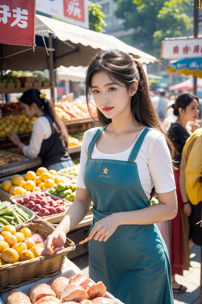 "(((best quality))), (((ultra detailed))), (((masterpiece))), illustration, ((a beautiful young girl in a bustling and crowded morning market during the summer)), (selling pork at her stall:1.3), vibrant market atmosphere, long flowing hair, delicate features, slender figure, simple yet elegant blue dress, white apron with stains, expertly slicing pork, confident demeanor, warm smile, customers attracted, sea of color and activity, vendors shouting prices, customers bargaining, aroma of freshly cooked food, fruits and vegetables displayed in vibrant arrays, dusty streets, heat and crowd, composed, graceful movements, friendly demeanor, hardworking spirit, memorable experience, standing amidst chaos, providing for family