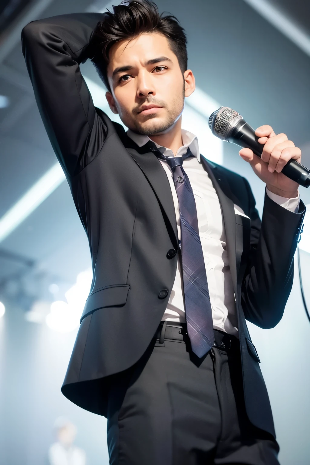 A journalist in a tie jacket holding a microphone in his right hand