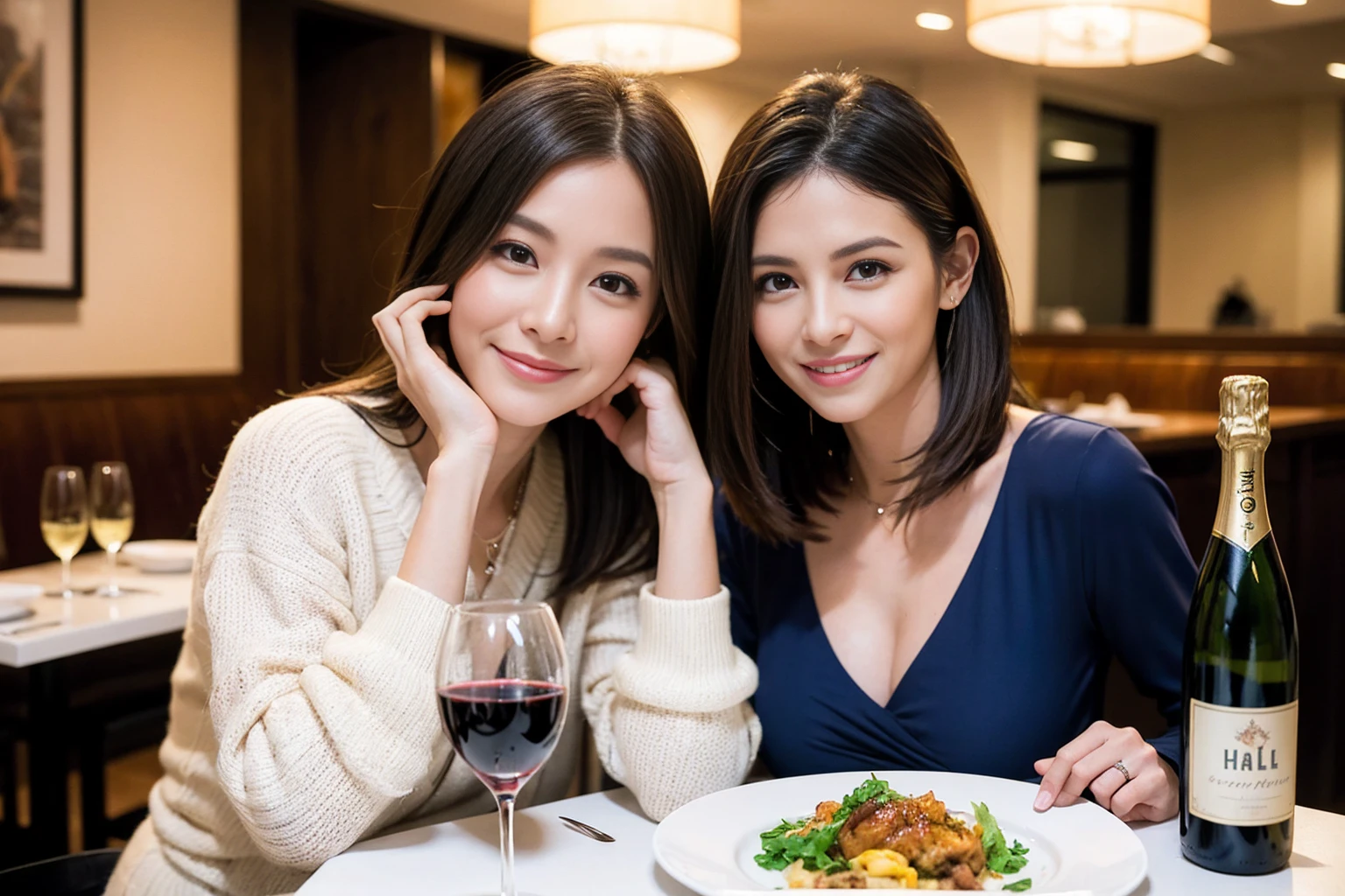 ((Highest quality、、masterpiece:1.3))、1 male、1 female、spouse、Beautiful couple、smile、full-course dinner、 (Slim face), (the body is スリム), (Brown Hair), (Shortcuts), ((Bob Hale、Straight hair:1.2)), テーブルの上のwine glass、Shine light on your face、 Amazing view of the sunset sky and clouds、smileの美しさ、Bright image、Blushing, Shortcuts, (43 years old), 39 years old, Appetizers、Italian food、Wine bottle、Champagne、sparkling wine、Long sleeve shirt、dress、Attractive beauty、restaurant, Nova Frog Style, actress, model, Upper Body, White wine, red wine, wine glass,