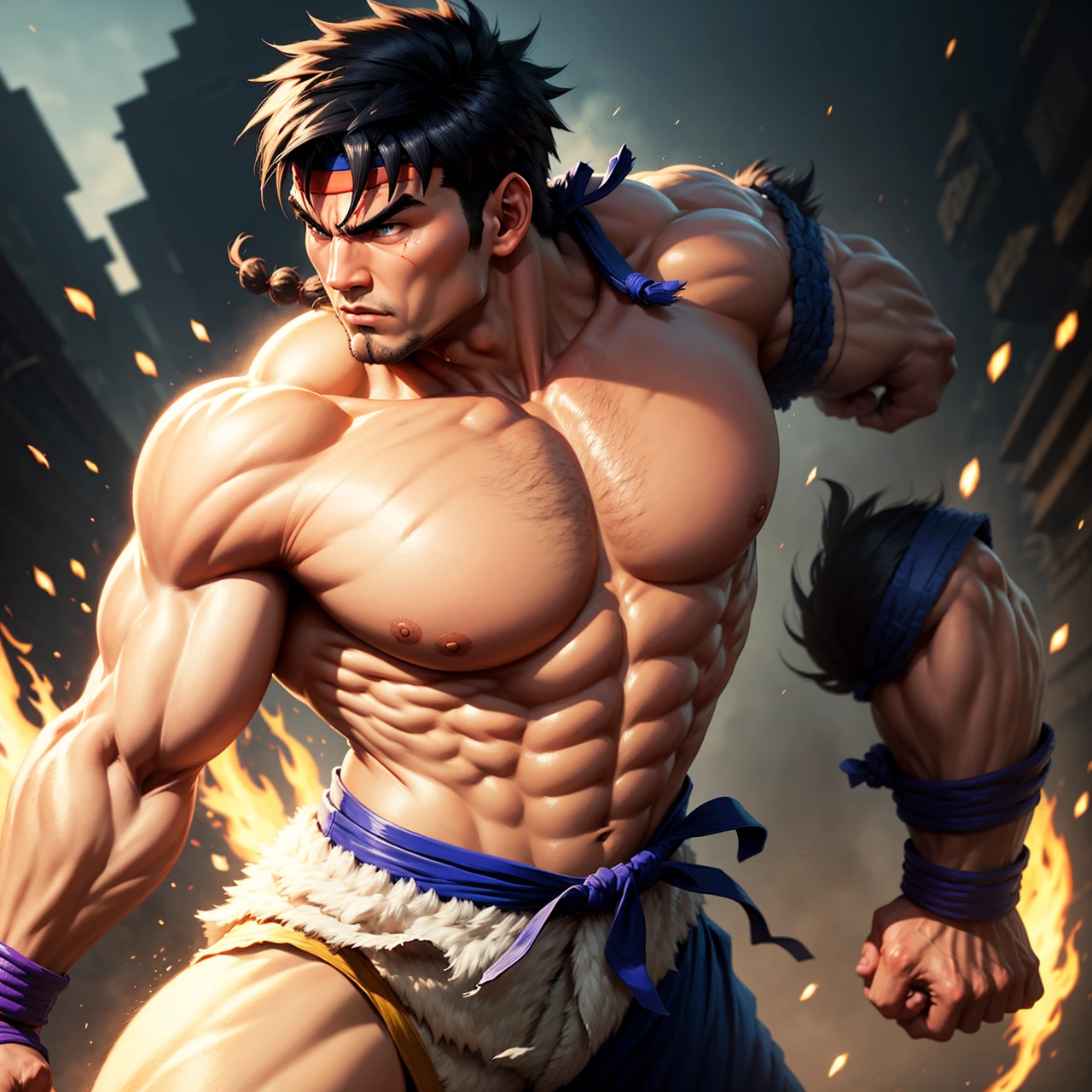 Street fighter ryu, frontal view, bushy eye brows, full body