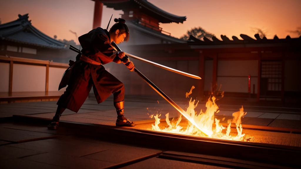 Samurai with a sword, Realistic Effects, Blur the background, 8K, Burning Fire,Japan male 50 years old