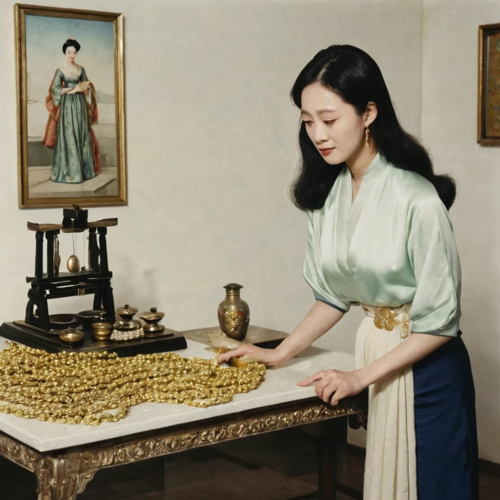 In an indoor space,A woman is standing in front of a table。Her right hand holds a small balance scale,Left hand on the table。The obvious bulge in her belly seems to indicate that she is pregnant.。On the table was a small box containing gold weights.,A jewelry box containing a pearl necklace,And a few coins。There is a picture hanging on the wall in the background,On the wall facing the women,There is another framed object,Maybe a mirror。Curtains closed,The room was filled with an unusual, strange light.。《Woman weighing gold》