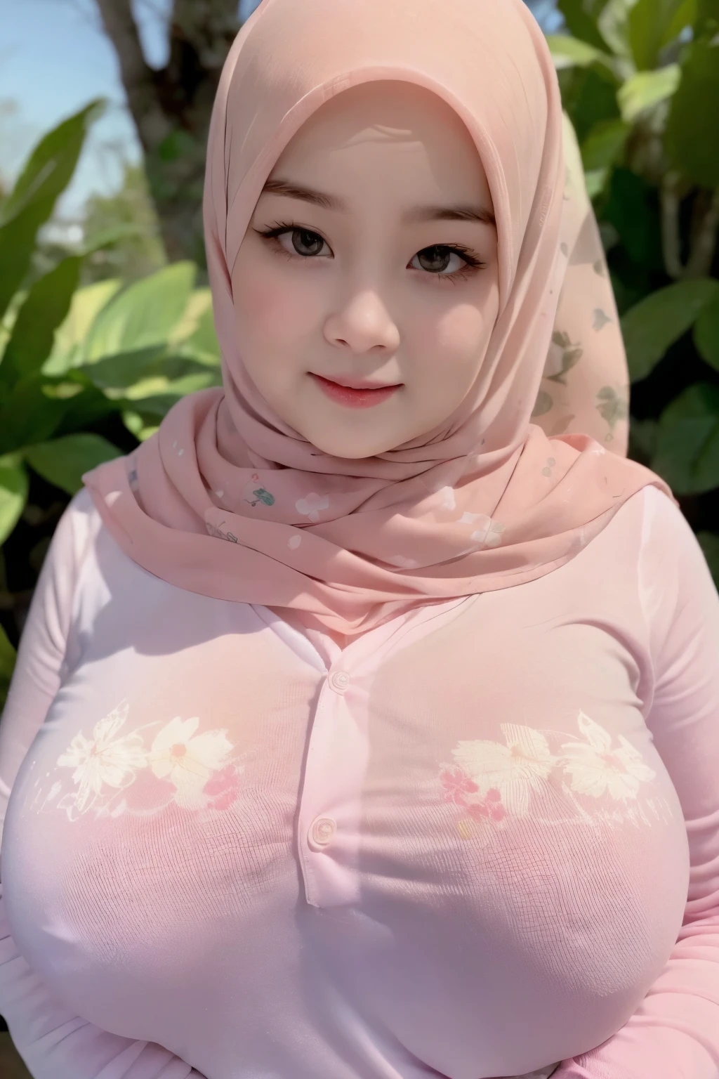 Chubby adorable, 1 girl, (face to face), , baby face, hf body portrait, (face details: 1), (eye details: 1), ((big breasts)). wearing transparent softpink long shirt, hijab, .. Cute posed. proportional body. Ultra High Res. realistic: 1.4, UHD, (floral pattern)