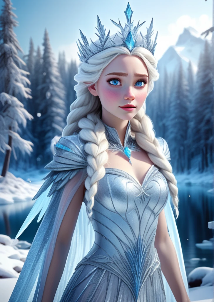 A beautiful, graceful ice queen, (1girl:1.2), detailed face, piercing blue eyes, ice-like skin, long flowing silver hair, elegant ice-like dress, (ice crown:1.2), (icy wings:1.2), (snow queen:1.4), (magical ice powers:1.2), (fantasy landscape:1.2), (frozen lake:1.2), (snowy forest:1.2), (best quality,8k,highres,masterpiece:1.2),ultra-detailed,realistic,photorealistic,HDR,physically-based rendering,vivid colors,dramatic lighting