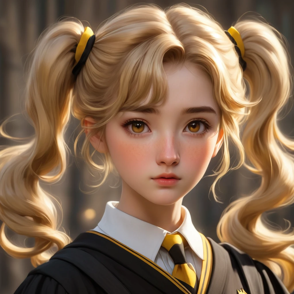 best quality, Masterpiece, Hogwarts students, Hufflepuff, Short hair with high twin tails., Short hair with golden blonde twin tails.., serious, Very stubborn, cute and bright, Freckles on the face, brown eyes details, detailed face, Beautiful skin, soft light, mysterious, soft shadow, Fine texture, dynamic light,