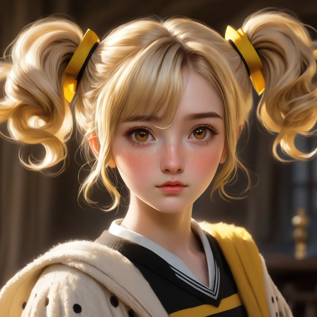 best quality, Masterpiece, Hogwarts students, Hufflepuff, Short hair with high twin tails., Short hair with golden blonde twin tails.., serious, Very stubborn, cute and bright, Freckles on the face, brown eyes details, detailed face, Beautiful skin, soft light, mysterious, soft shadow, Fine texture, dynamic light,