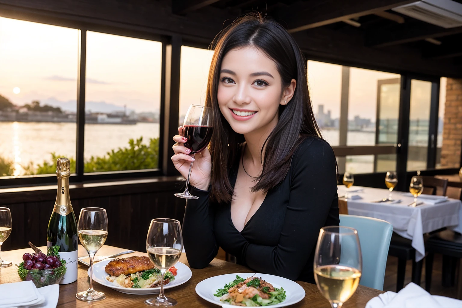 ((Highest quality、8K、masterpiece:1.3))、1 male、1 female、spouse、Beautiful couple、smile、full-course dinner、 (Slim face), (the body is スリム), (Brown Hair), (Shortcuts), ((Bob Hale、Straight hair:1.2)), テーブルの上のwine glass、Shine light on your face、 Amazing view of the sunset sky and clouds、smileの美しさ、Bright image、Blushing, Shortcuts, (Age 35), 39 years old, Appetizers、Italian food、Wine bottle、Champagne、sparkling wine、Long sleeve shirt、dress、Attractive beauty、restaurant, Nova Frog Style, actress, model, Upper Body, White wine, red wine, wine glass, 