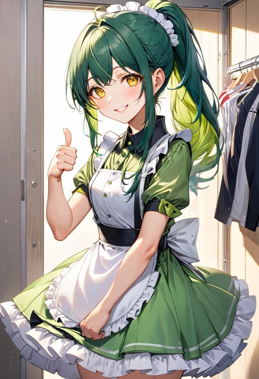 (japanese festival style) ( yo, ponytail green hair long hair cute fighter girl, ecstasy yellow eyes, love smile), (in a summer maid clothes), (standing, Thumbs up hand), break, (in the festival Changing Room), BREAK, perfect anatomy, masterpiece, best quality, 16k, beautiful detailed grow, daydreaming expression.