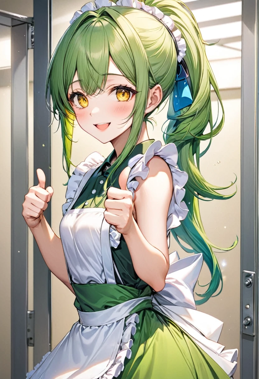 (japanese festival style) (15 yo, ponytail green hair long hair cute fighter girl, ecstasy yellow eyes, love smile), (in a summer maid clothes), (standing, Thumbs up hand), break, (in the festival Changing Room), BREAK, perfect anatomy, masterpiece, best quality, 16k, beautiful detailed grow, daydreaming expression.