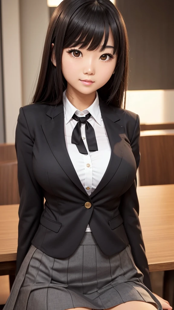 ((Tabletop)), (Detailed face), (highlight),　Asian Girl、Big breasts、thigh、Black Hair、Heavy bangs、high school girl、skirt、blazer、