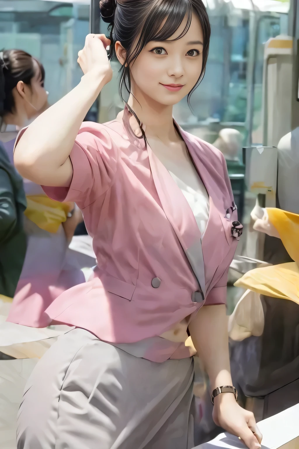 (masterpiece:1.2, Highest quality:1.2), 32k HDR, High resolution, (alone、1 girl)、（On the rooftop of a building in the daytime、Professional Lighting）、Building rooftop background、（Nankai train crew uniform pinkを着たリアルスタイル）、（Nankai train crew uniform pink short sleeve collarless pink jacket、Nankai Train Crew Uniform Pink Collarless Short Sleeve Blouse、Nankai Train Crew Uniform Pink Grey Knee-length Culottes）、（（The bottom of the pink short-sleeved jacket cannot be tucked into the clay-colored culottes.））、Dark brown hair、（Hair tied up、Hair Bun、Hair Bun）、Dark brown hair、Long Shot、Big Breasts、Thin legs、（（Great hands：2.0）），（（Harmonious body proportions：1.5）），（（Normal limbs：2.0）），（（Normal finger：2.0）），（（Delicate eyes：2.0）），（（Normal eyes：2.0））)、（Nankai Train Crew Uniform Pink Grey Knee-length Culottesを見せた美しい立ち姿）、smile