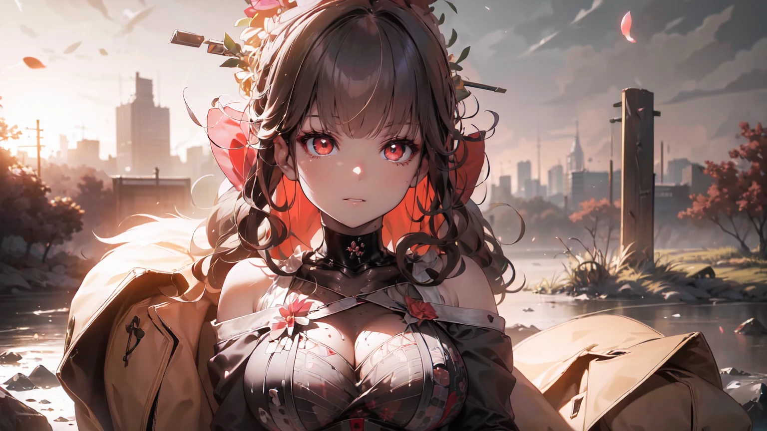 ((((Obra maestra, La mejor calidad, ultrahigh resolution)))), 1girl, standing,), ((long pure brown hair, hair over eye)), long hair cut, shiny skin, ((red eyes)), glowing_eyes, neon eyes, (ultra detailed eyes:0.7, beautiful and detailed face, detailed eyes:0.9), ((centered)), smirk, facing viewer, ((vibrant background, dark lighting, summer, sunlight)), large chested, looking at viewer, ((half closed eyes)), ((perfect hands)), (((head:1, arms, hips in view, elbows, in view))), ((hands behind back)), empty eyes, beautiful lighting, ((outside, outdoors)), defined subject, head tilt, (((gritty)), ((creepy)), ((cool)), ((beautiful)), (((SFW))), hair ornament, petals in the air, moon in the sky, city, mature woman, adult woman, sfw, pink and white dress, night dress, she is a princess, sharp eyes, realistic sharp eyes, sharp look
