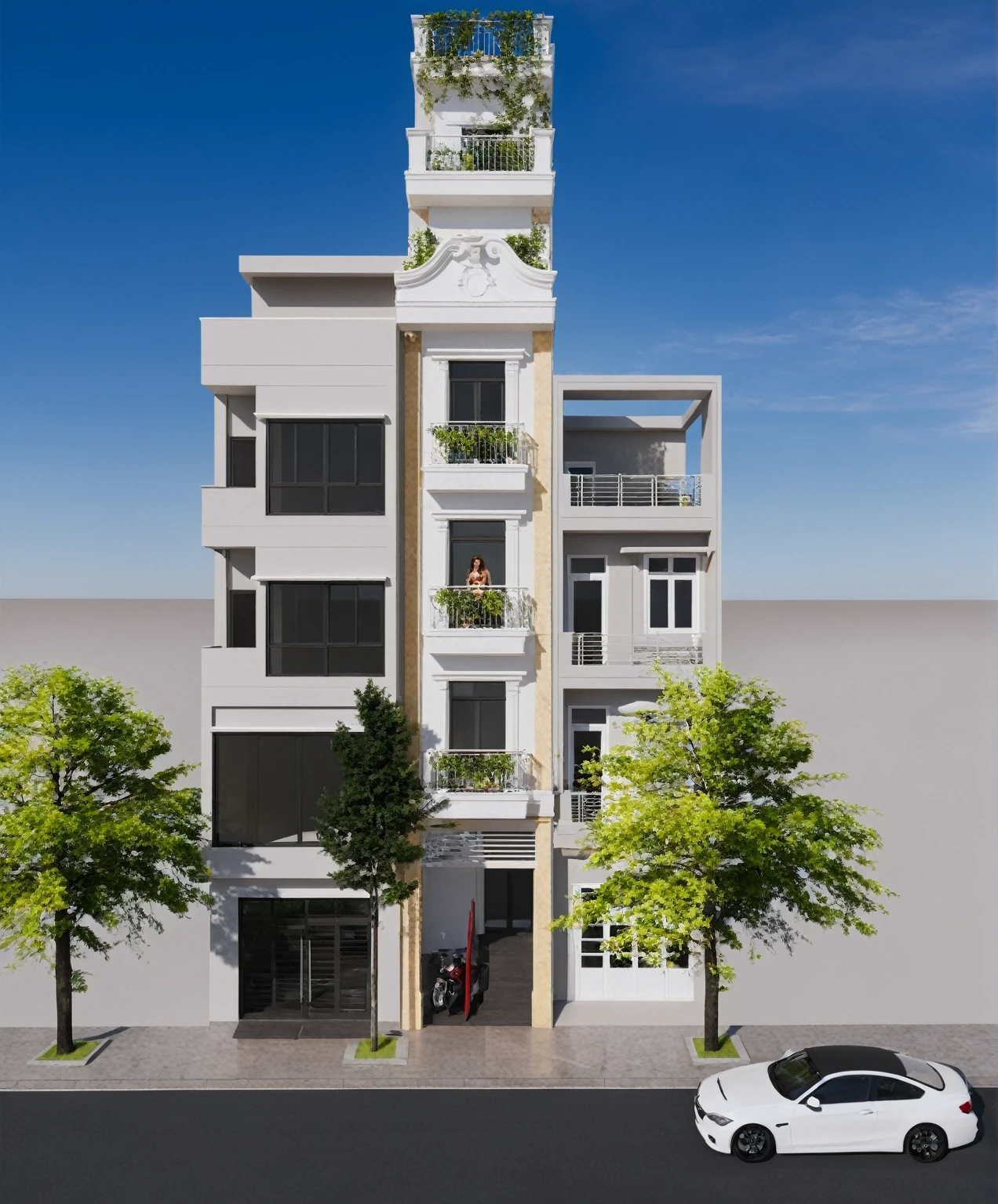 Raw photo,Masterpiece, high quality, best quality, authentic, super detail,
exterior, outdoors, house style neoclassic on the street ,aiaigroup, car, motobike, girl, human,
road,pavement, grass, trees, sky, cloud, (day:1.1)