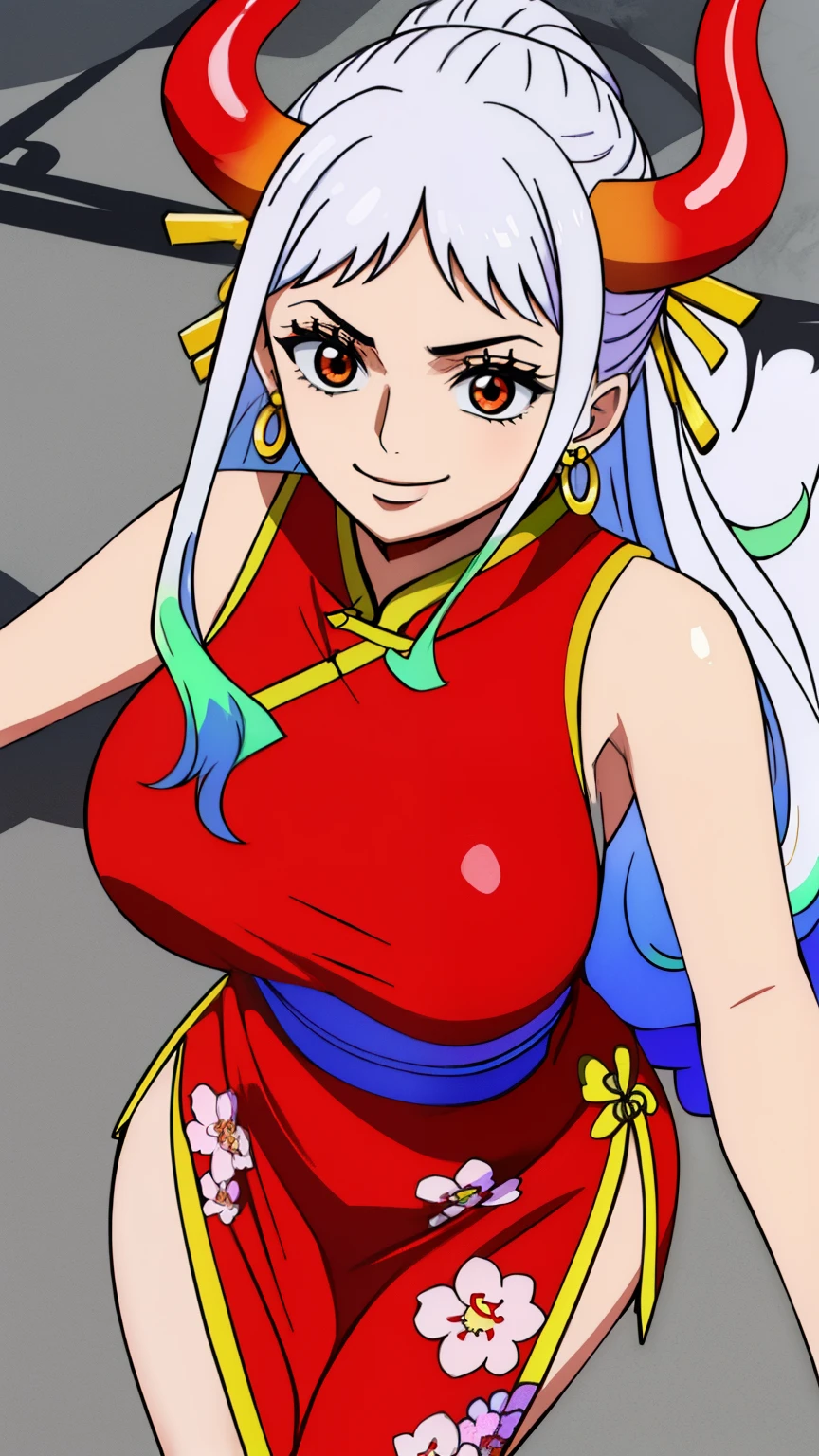 (masterpiece, best quality, high , 8k:1.2),anime, detailed, Yamato, White hair, Earrings, 1 girl, Smiling,Colorful hair, Dynamic angle, Solo, Horns, Green hair, Long hair, Jewelry, Large breasts, (Floral Chinese dress, red Chinese dress, sleeveless dress:1.3)