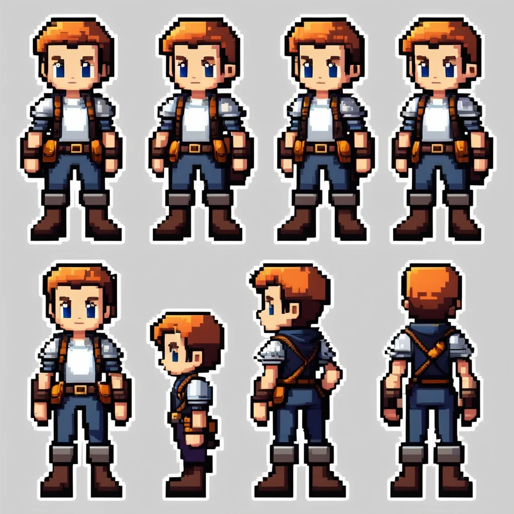 Pixel art,pixel art,Create an original character design sheet,main character of the game,boy,juvenile,adventurer&#39;s outfit,natural perm,musical instrument,bard,((3 views,whole body, background,multiple views,High resolution)),multiple views,multiple poses,Active,action pose,dynamic,nice,cute,masterpiece,highest quality,In detail,Gracefully,RPG,Famicom,Multiple characters,multiple outfits,Final Fantasy,boldly,ASSASIN , BLACK COAT , HUNTER, GEARED ANDVENTURER, BLACK HOODIE