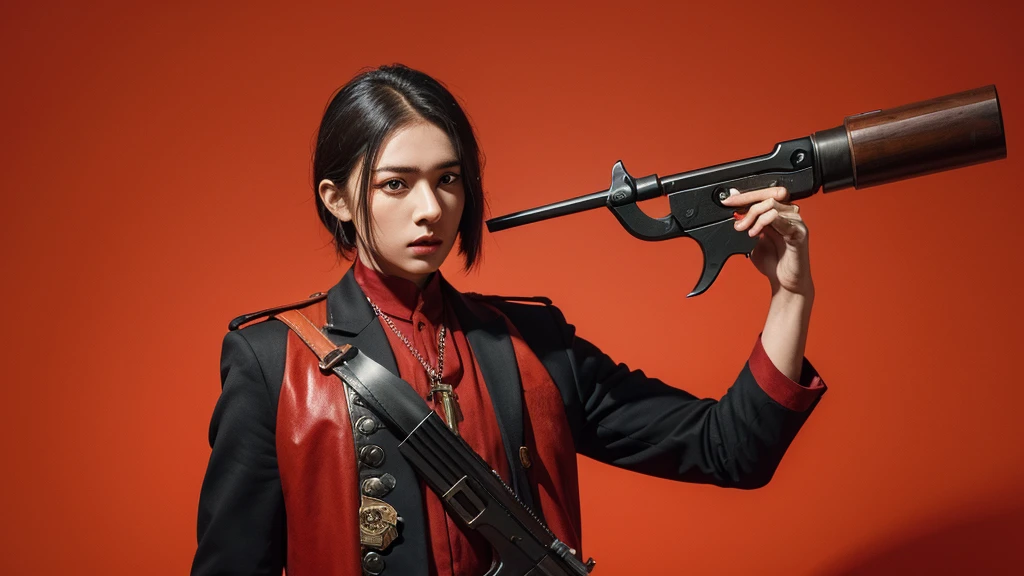 R3DD34Dstyle, digital portrait, A Parrot HoLDiNG a revolver, in wild west, red background,everything is sHATTERRInG IN BACkGROUNd