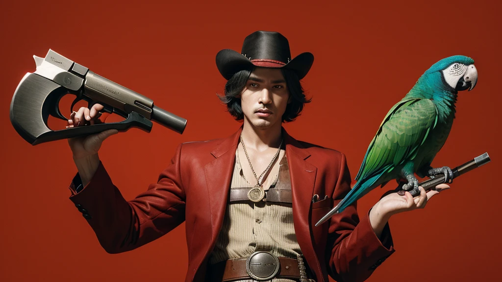 R3DD34Dstyle, digital portrait, A Parrot HoLDiNG a revolver, in wild west, red background,everything is sHATTERRInG IN BACkGROUNd