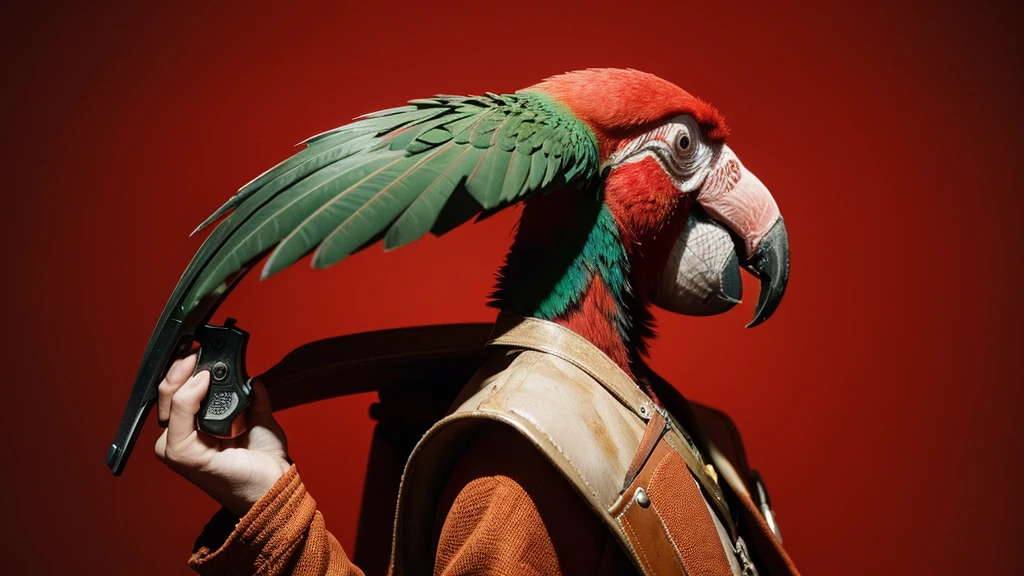R3DD34Dstyle, digital portrait, A Parrot HoLDiNG a revolver, in wild west, red background,everything is sHATTERRInG IN BACkGROUNd