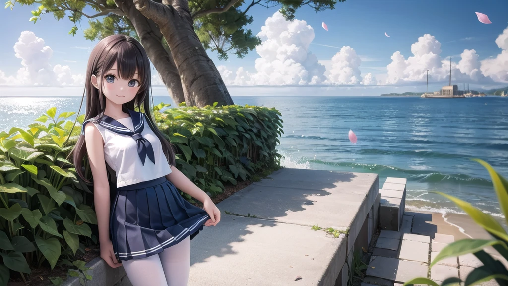 wallpaper, Clear face, (masterpiece),  town,  blue sky,  One Girl, Place the person on the right,  smile,  alone,  Sailor suit、Long skirt,  Overgrown,  petal,  plant、Skirt lining、White slip、nostalgic、Grey pantyhose、I can see the ocean in the distance, Crotch close-up